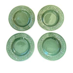 Bordallo Pinheiro Dragonfly Rimmed Soup Bowls Majolica Set of 4